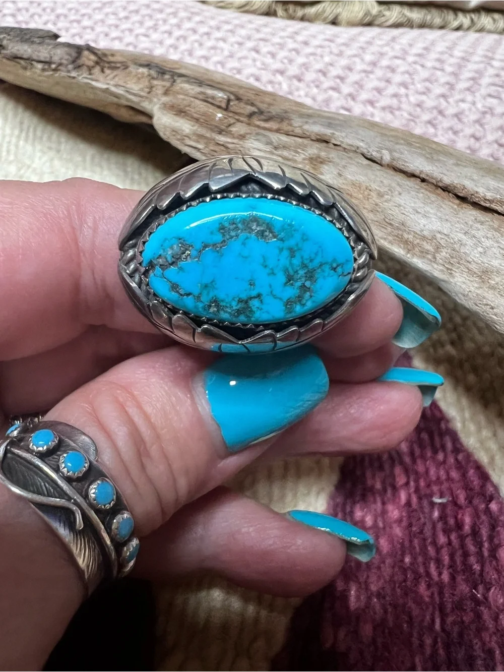 VTG Navajo Sterling Silver Turquoise Leaf Ring 10.5 Signed CY 25g